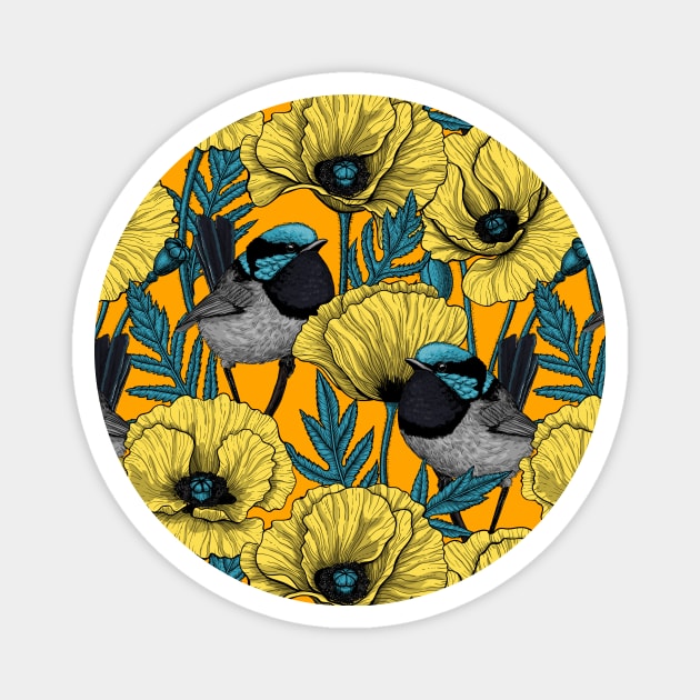 Fairy wren and poppies in yellow Magnet by katerinamk